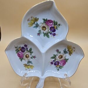 Mitterteich Bavaria Divided Leaf Shaped Multi-colored Floral 7.75" Trinket Dish